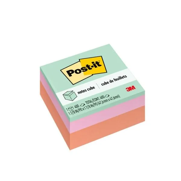 A cube of 400 pastel sticky notes in mint pink and papaya fizz