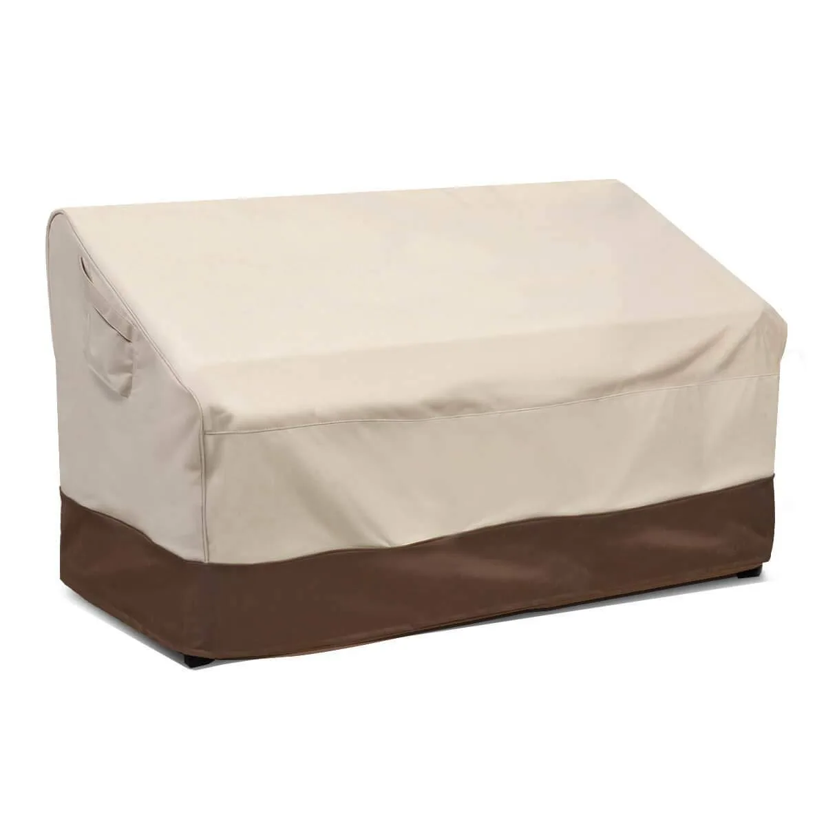 Beige and brown rectangular patio furniture cover with padded handles and air vent