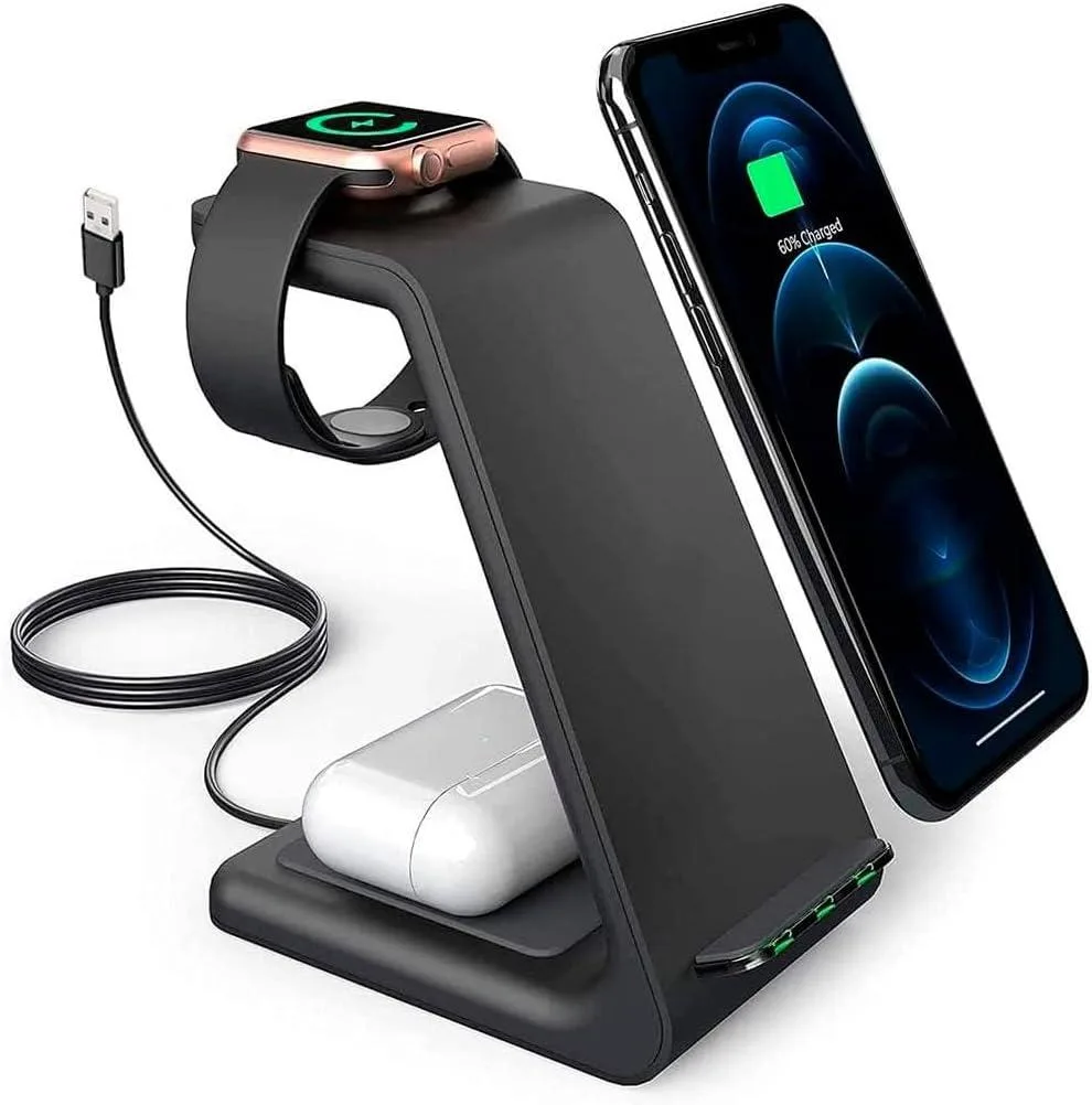 FLEANE FLEANE 3-in-1 Magnetic Wireless Charger for iPhone 12/13/14/15 Watch AirPods Foldable Stand USB-C Cable Black — product photo