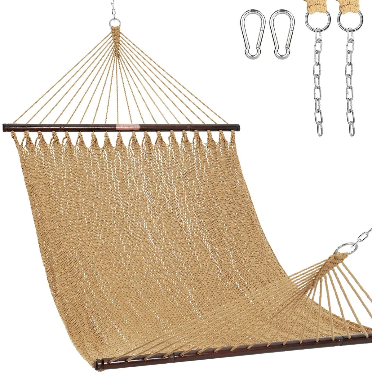 Tan polyester rope hammock with wooden spreader bars and hanging chains