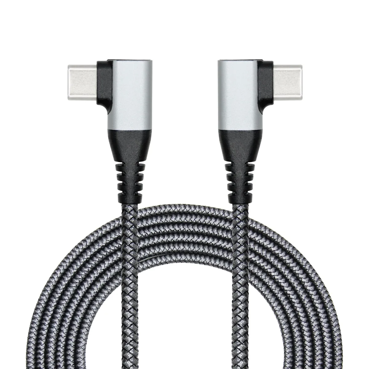Gray USB-C to USB-C cable with 90-degree right-angle connectors, nylon braided, 2 metres long