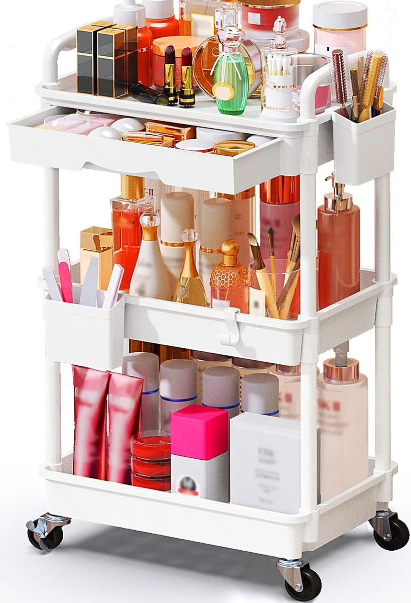 White three-tier plastic rolling cart with drawer, cup and hooks