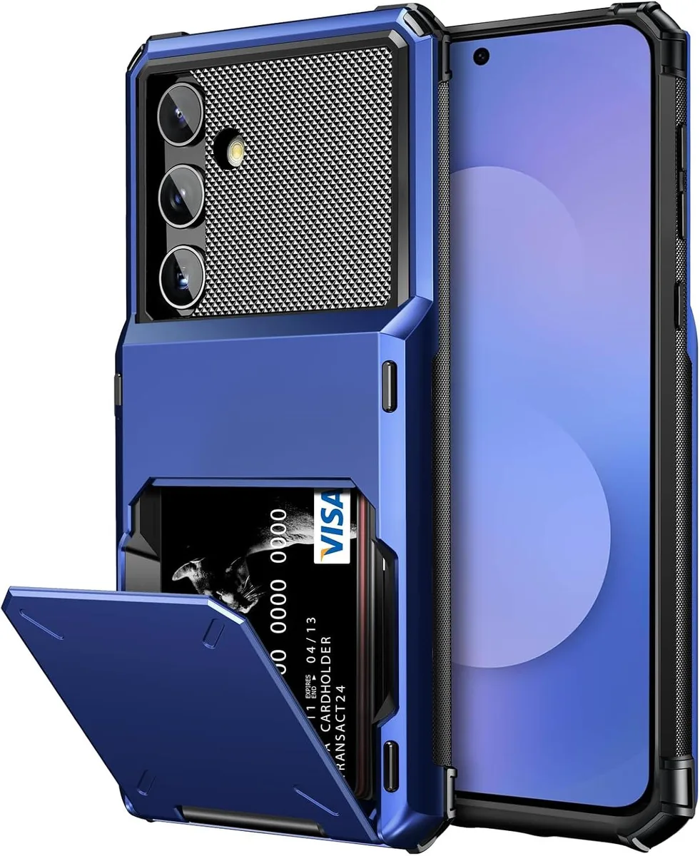 Navy wallet case for Galaxy S25 FE with flip card holder and dual-layer shell