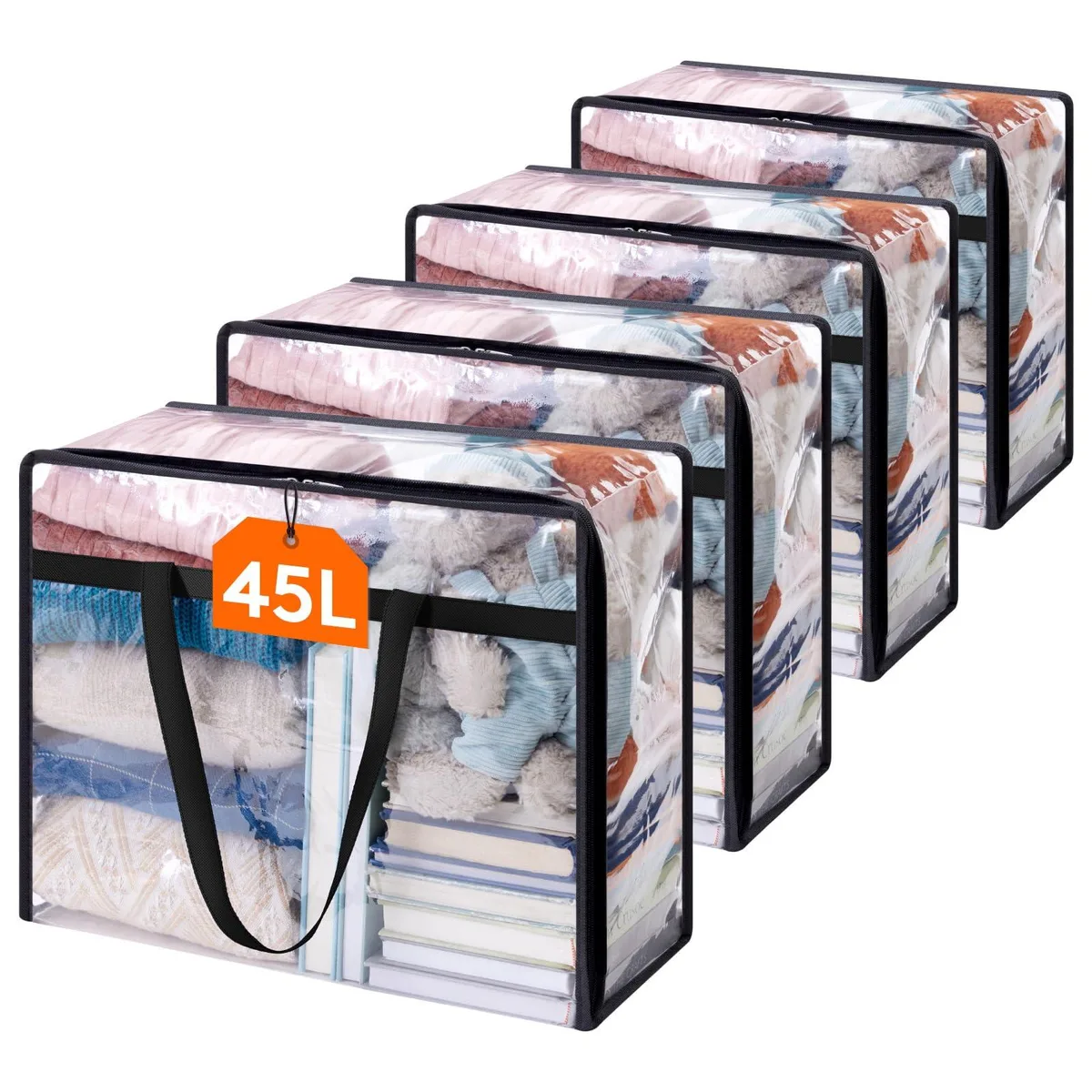 Transparent rectangular PVC storage bag with zipper and carry handles, 46 by 23 by 38 cm