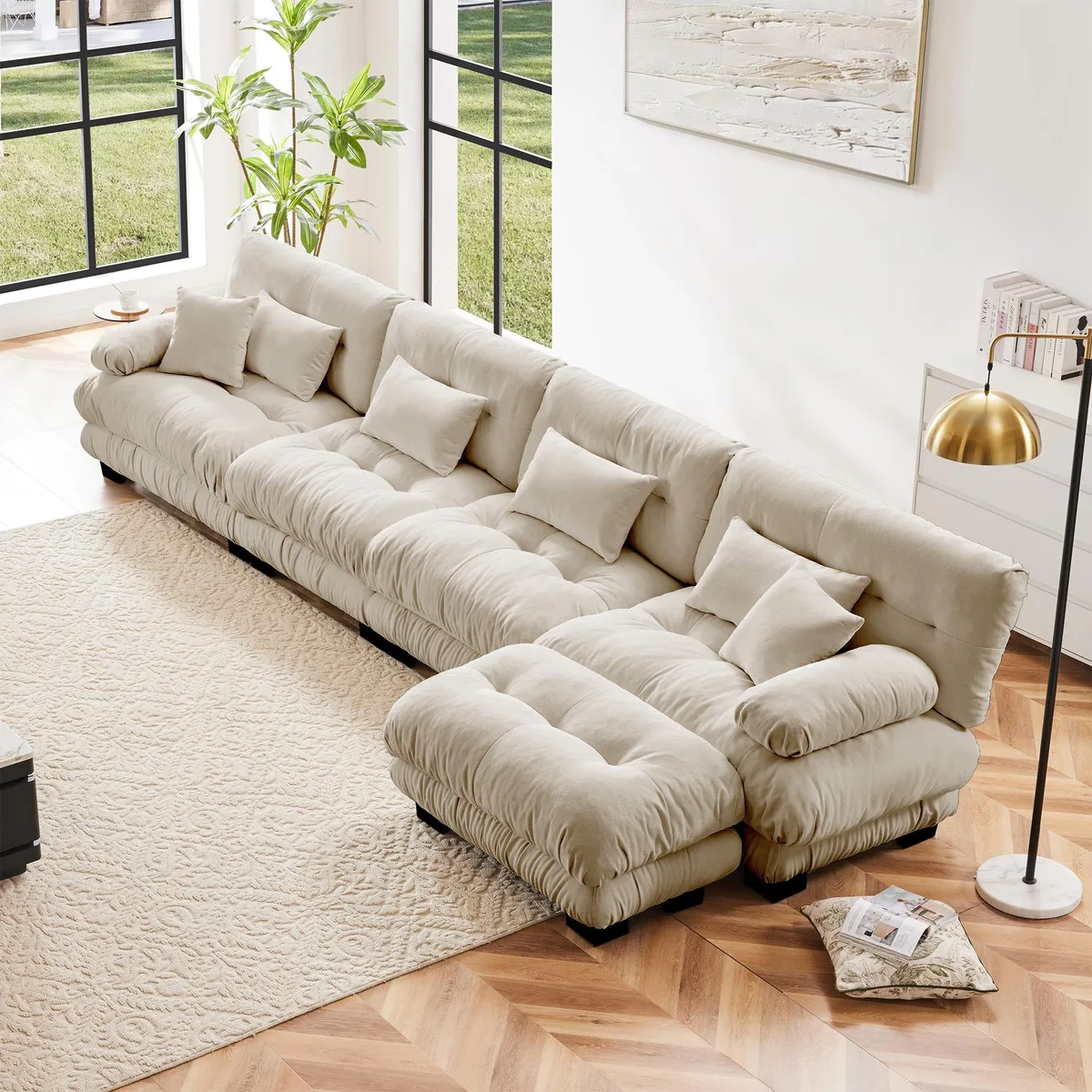 Light coffee modular L-shaped sectional with chenille upholstery and convertible ottoman