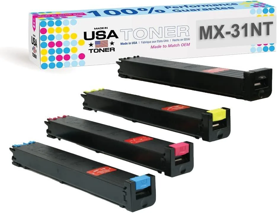 Four new toner cartridges in black cyan magenta yellow rectangular boxes
