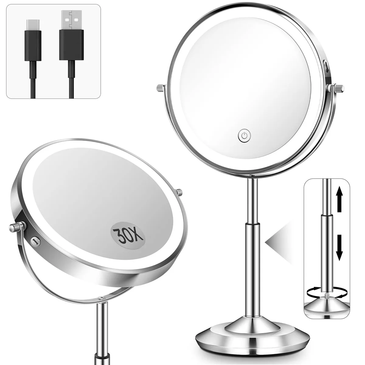  vpu 8tm 15.4" x 10.4" Chrome Double-Sided 1X/30X Magnifying Mirror 3000mAh Rechargeable 3 LED Lighting — product photo