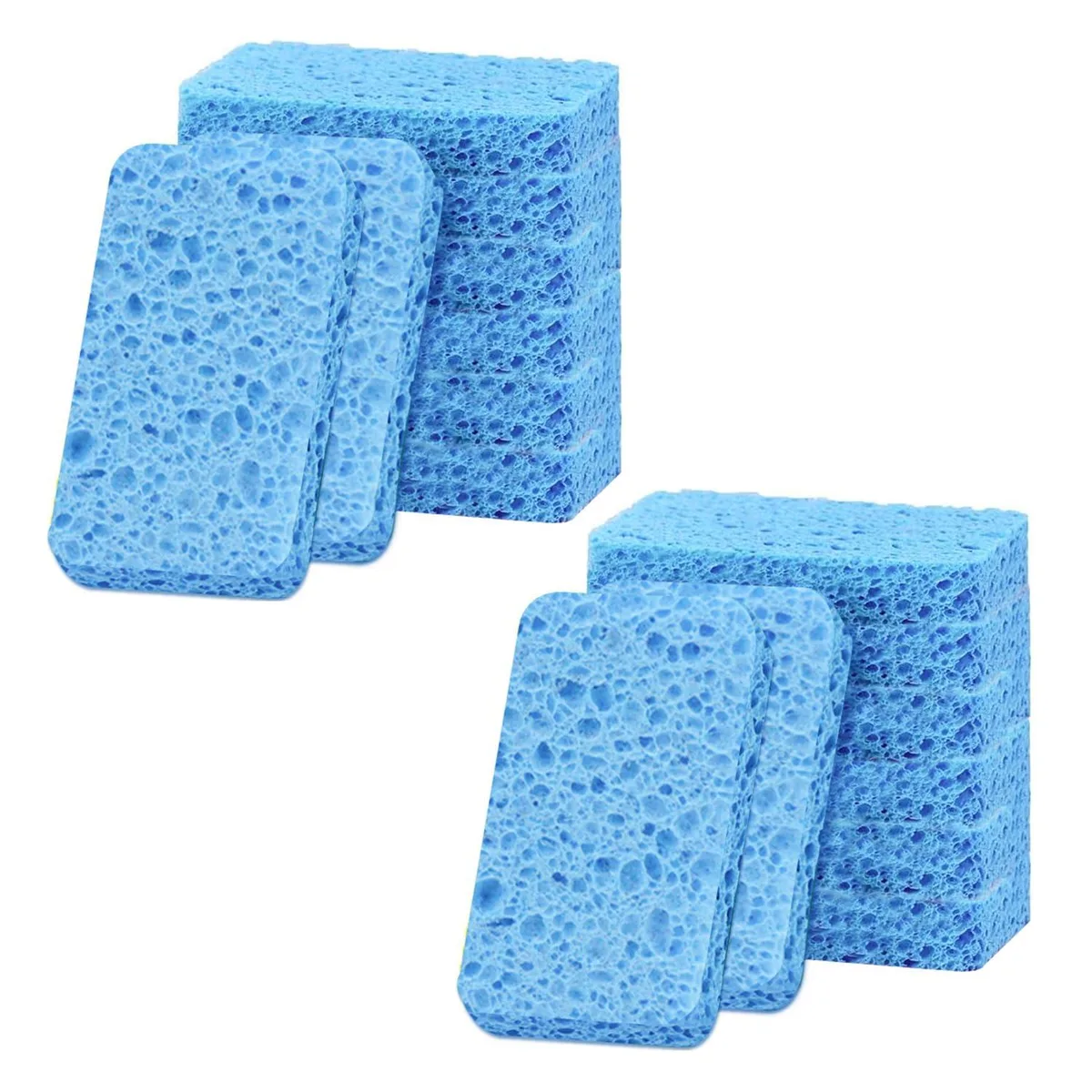 Twelve compressed blue cellulose sponges on a card, dry and thin, expanding when wet