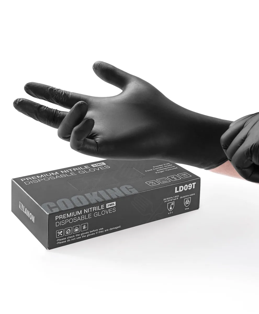 Box of 100 gray disposable nitrile gloves, textured fingertips, powder-free finish