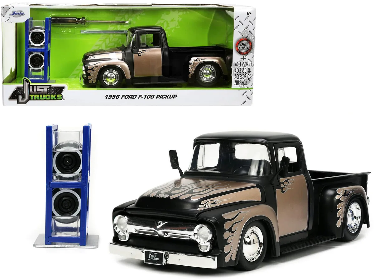 Jada Jada 1956 Ford F-100 Pickup Truck Matt Black Champagne Flames Extra Wheels 1/24 Diecast 34026 — product photo