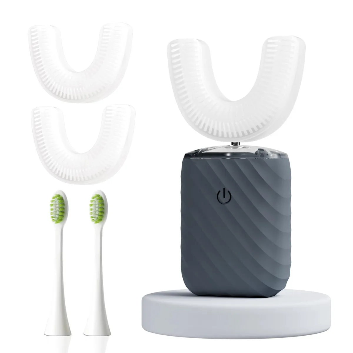 Deep blue U-shaped ultrasonic toothbrush with silicone brush head