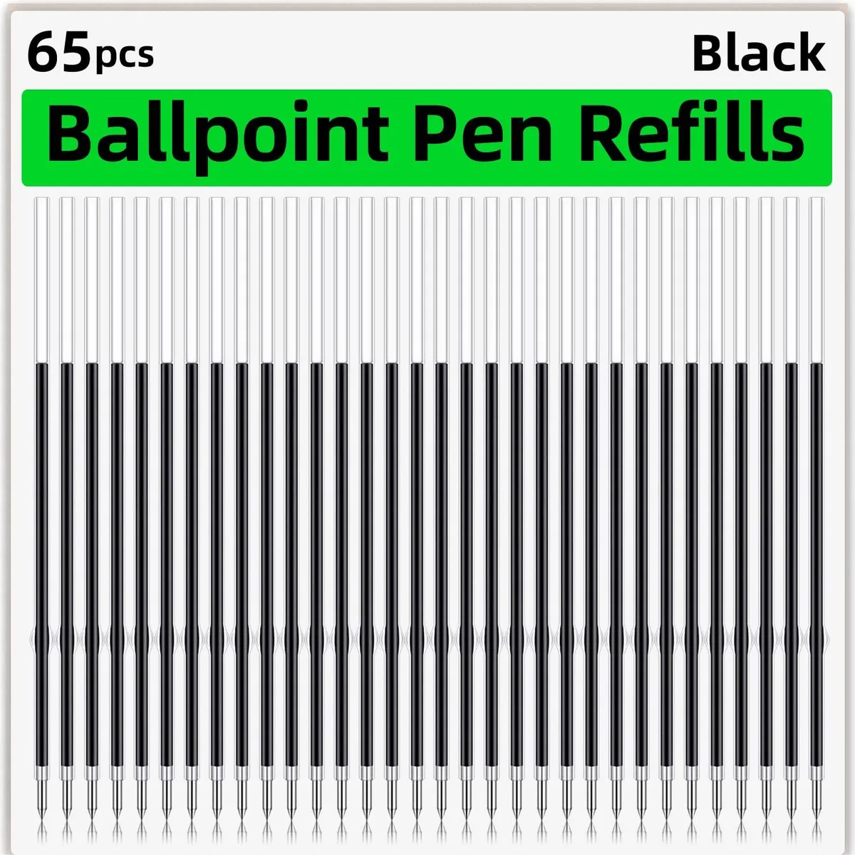 Clear plastic box holding 65 black ballpoint refills 107 mm long 0.7 mm tip