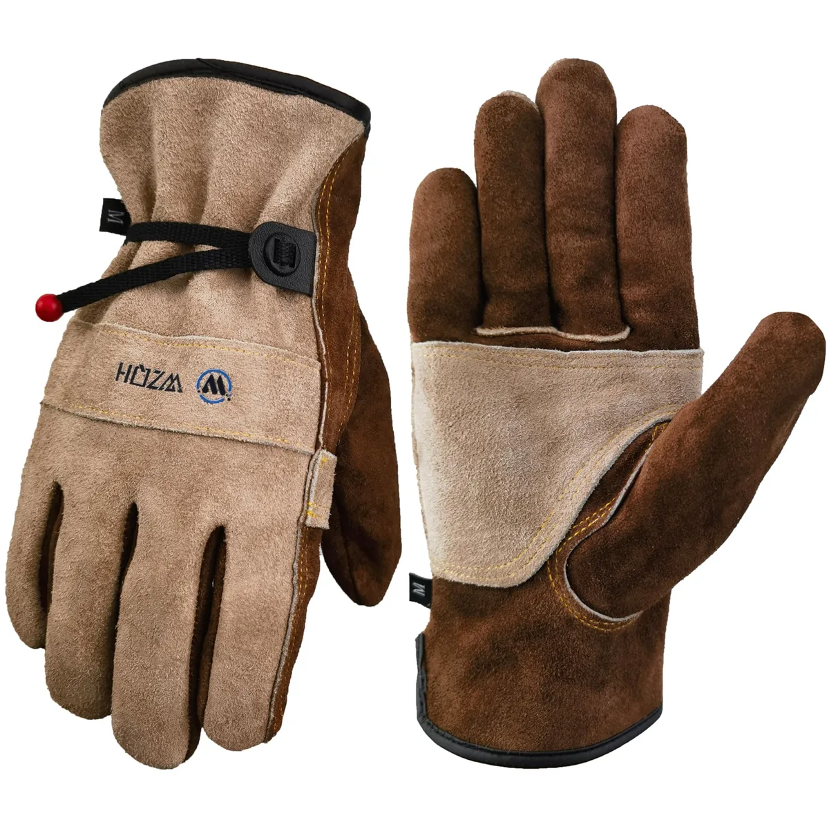 Pair of coffee-grey leather work gloves, large size, split cowhide with cotton lining, reinforced palm, adjustable wrist