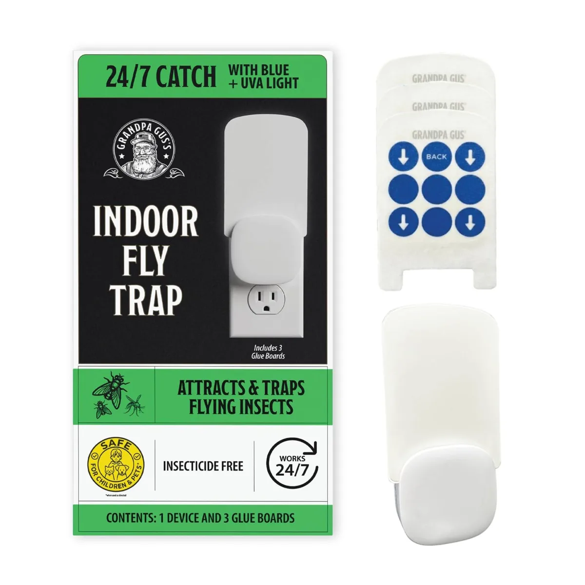 Compact white plug-in UV fly trap with sticky glue board visible, rotates ninety degrees