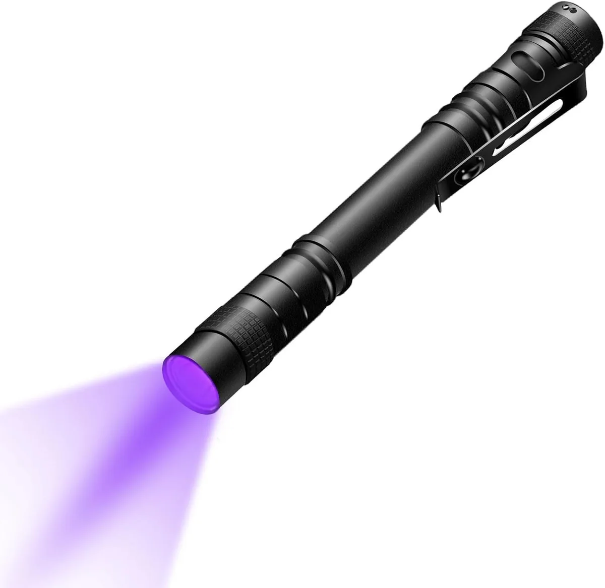 Small alloy steel UV pen light, 5.1 by .6 inches, with pocket clip