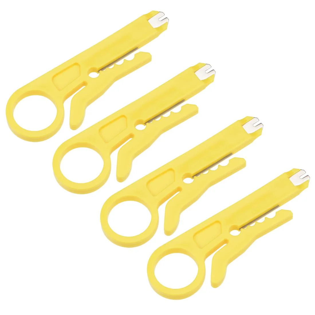 Four small yellow wire strippers with finger loops, 90 mm long