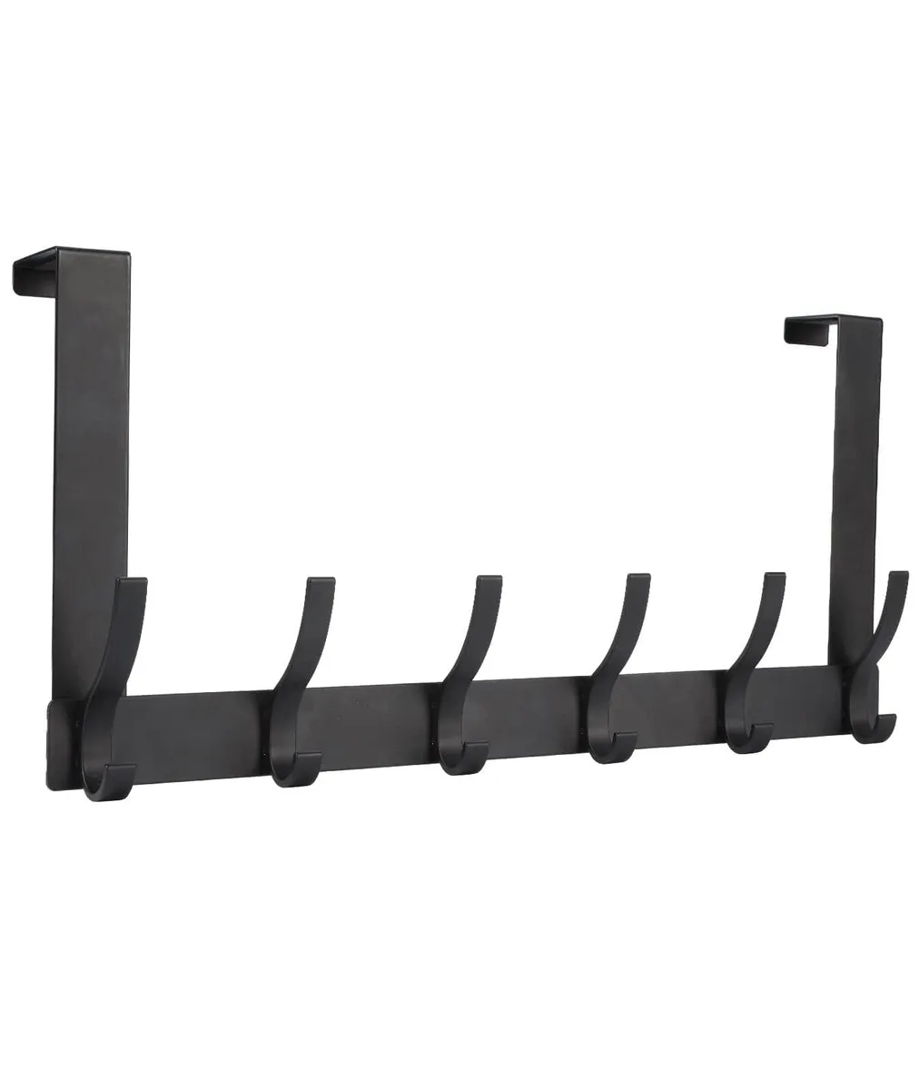Black metal over-door rack with twelve hooks, sponge backing, fits doors 1-1/2 to 1-3/4 inches thick