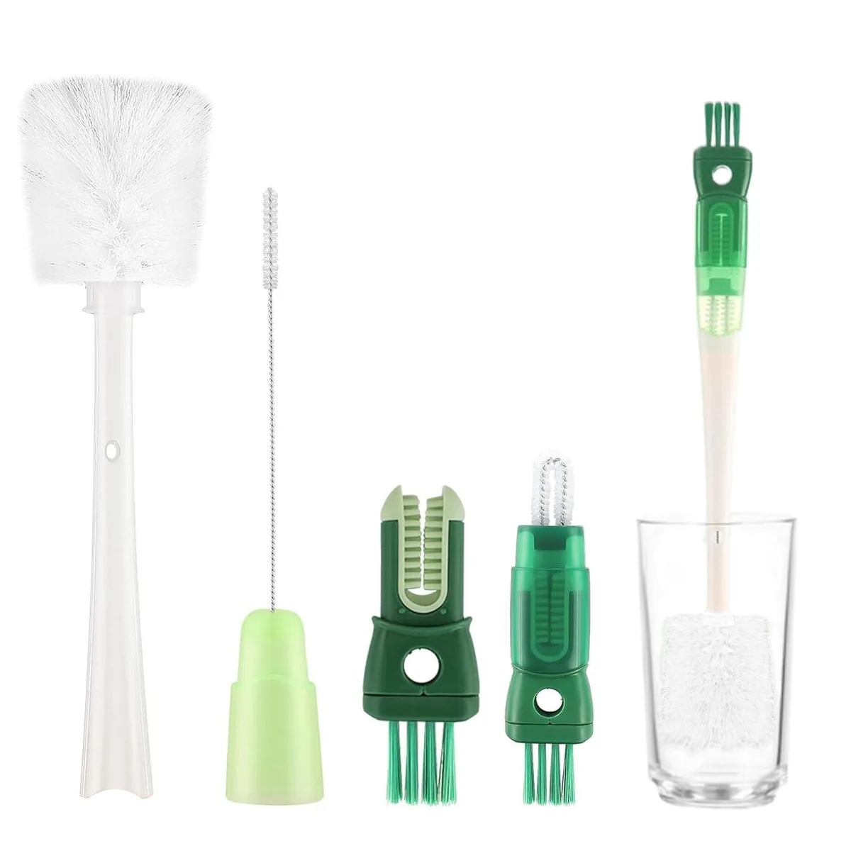 Five-piece bottle brush kit with detachable heads and hanging holes