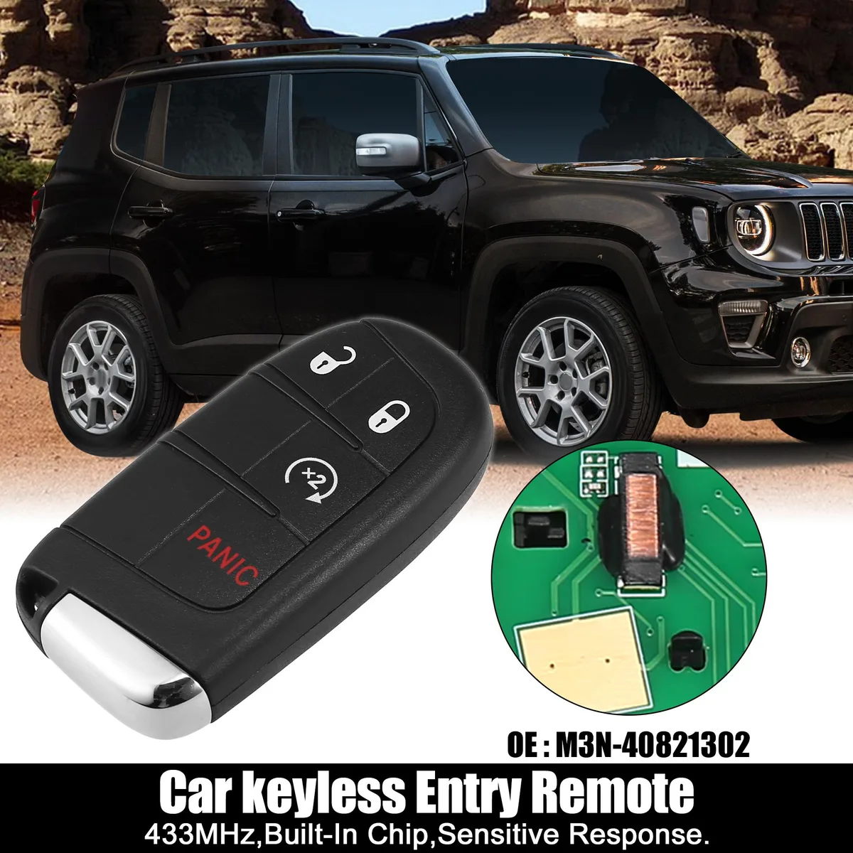 Unique-Bargains Unique-Bargains Replacement Key Fob M3N-40821302 433MHz 4A Chip Jeep Renegade 2015-2020 4 Button with Door Key — product photo