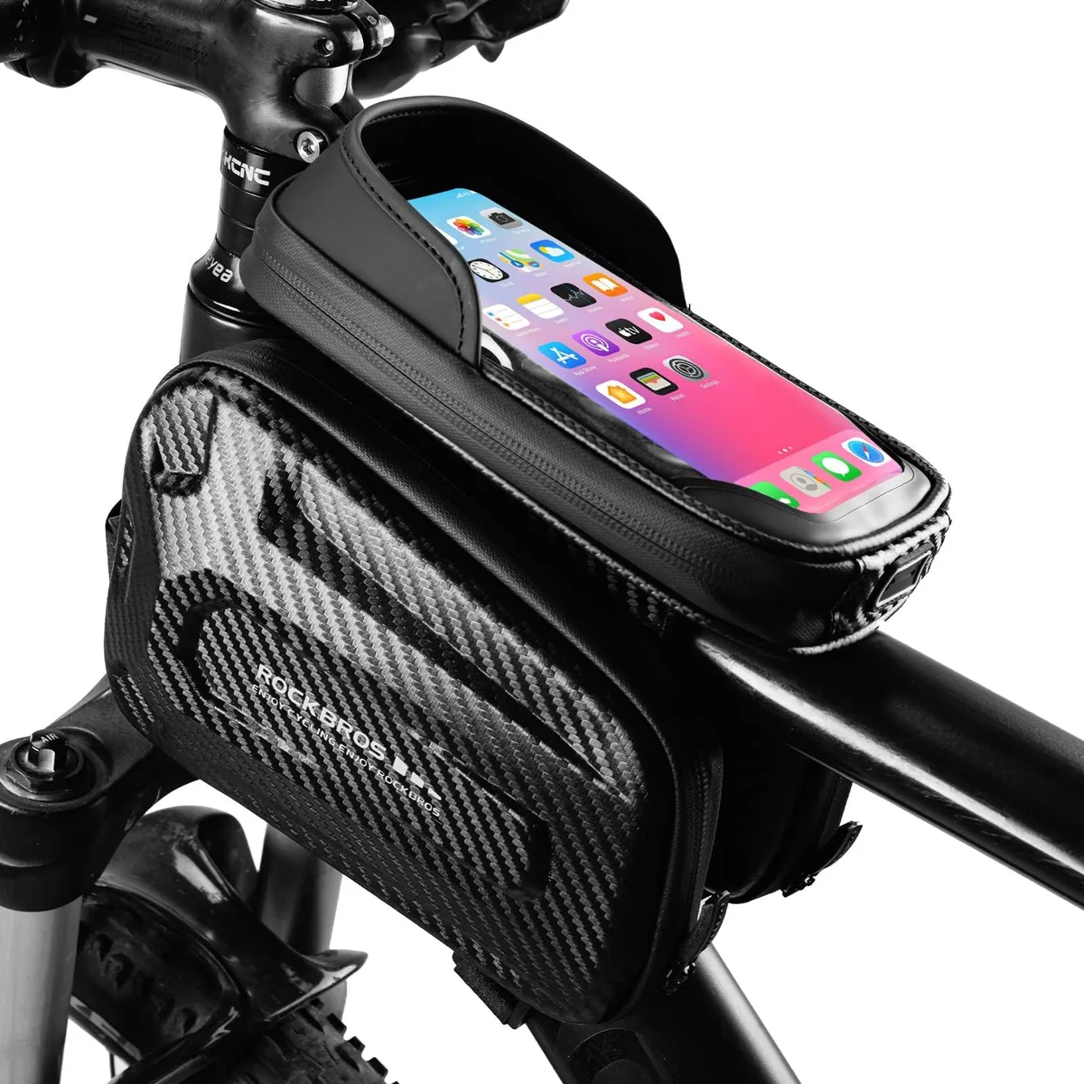 Black hard-shell EVA top-tube bag with clear TPU phone window and three strap mounts