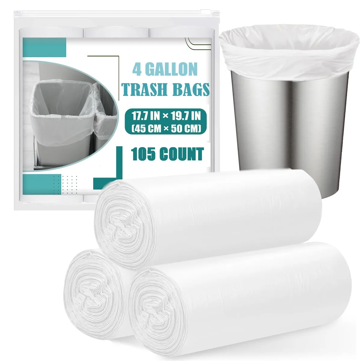 Three white translucent rolls of small perforated trash bags