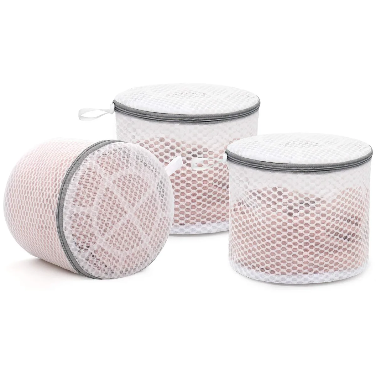 Three beige mesh laundry bags with zippers, medium size