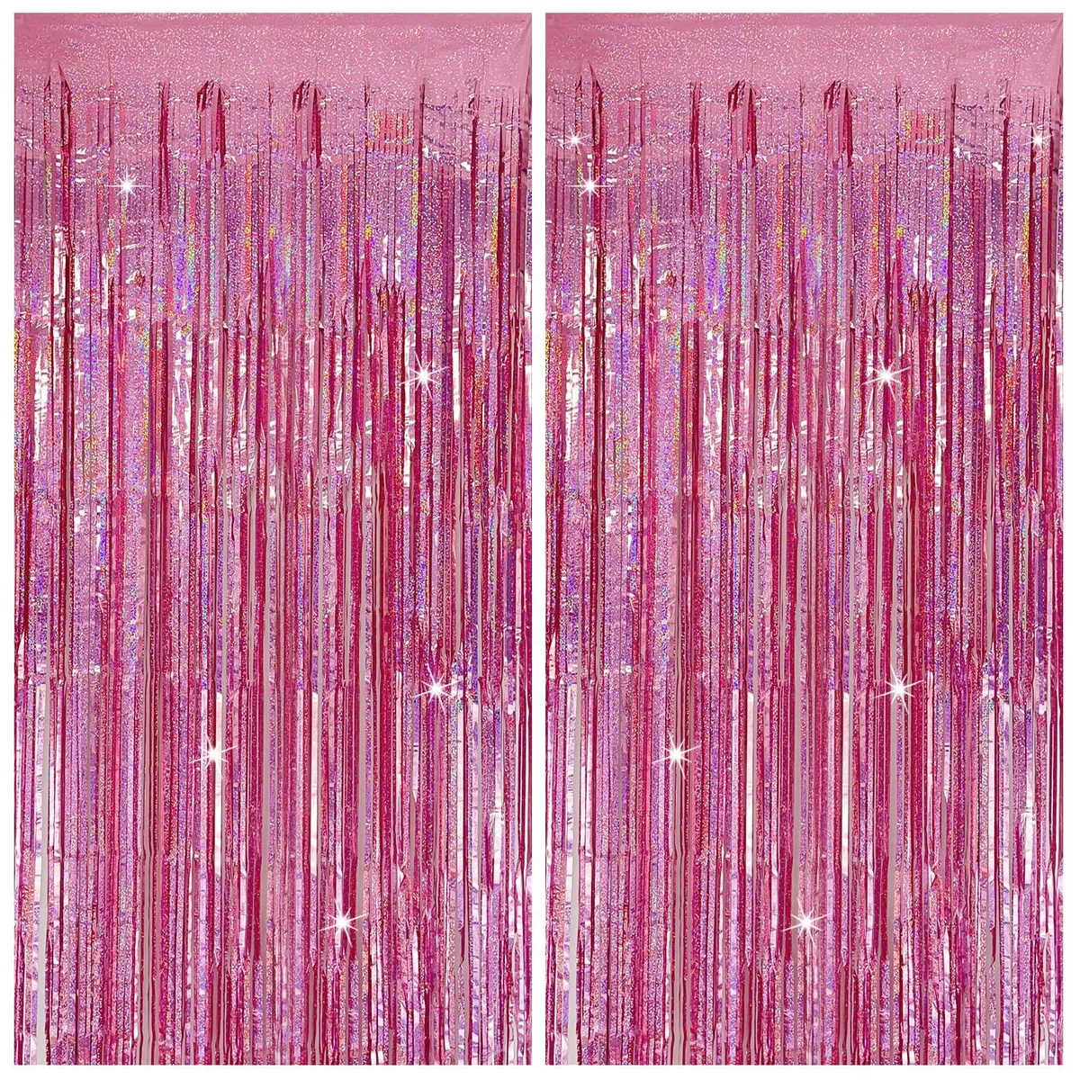 Two pink tinsel foil fringe curtains, 36 by 72 inches each, shiny reflective finish