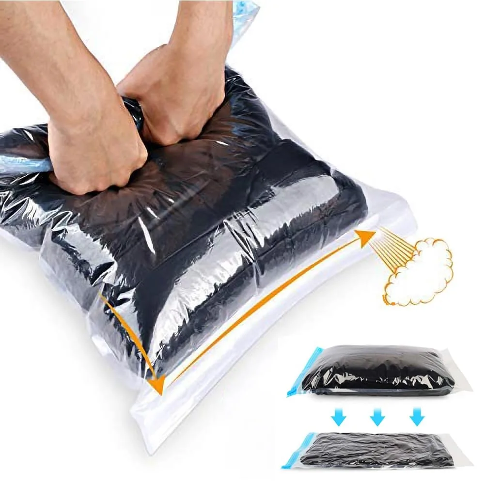 Twelve beige compression bags with zipper and vent, medium and large sizes