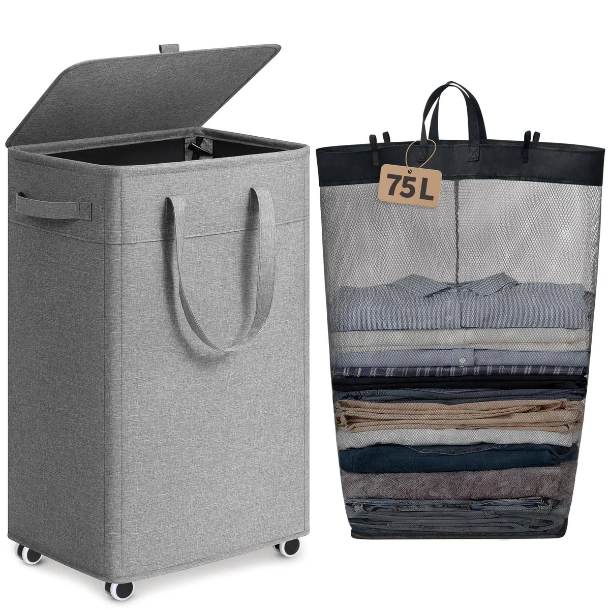 Grey fabric rolling laundry hamper with lid and removable bag on wheels