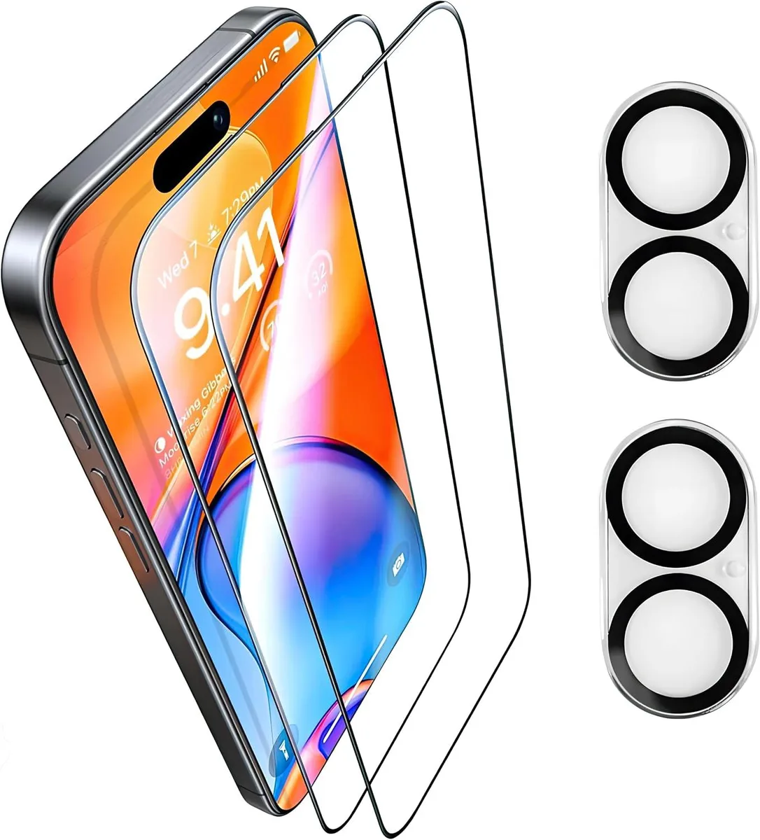 Two clear tempered-glass screen protectors and two matching camera-lens protectors for iPhone 16