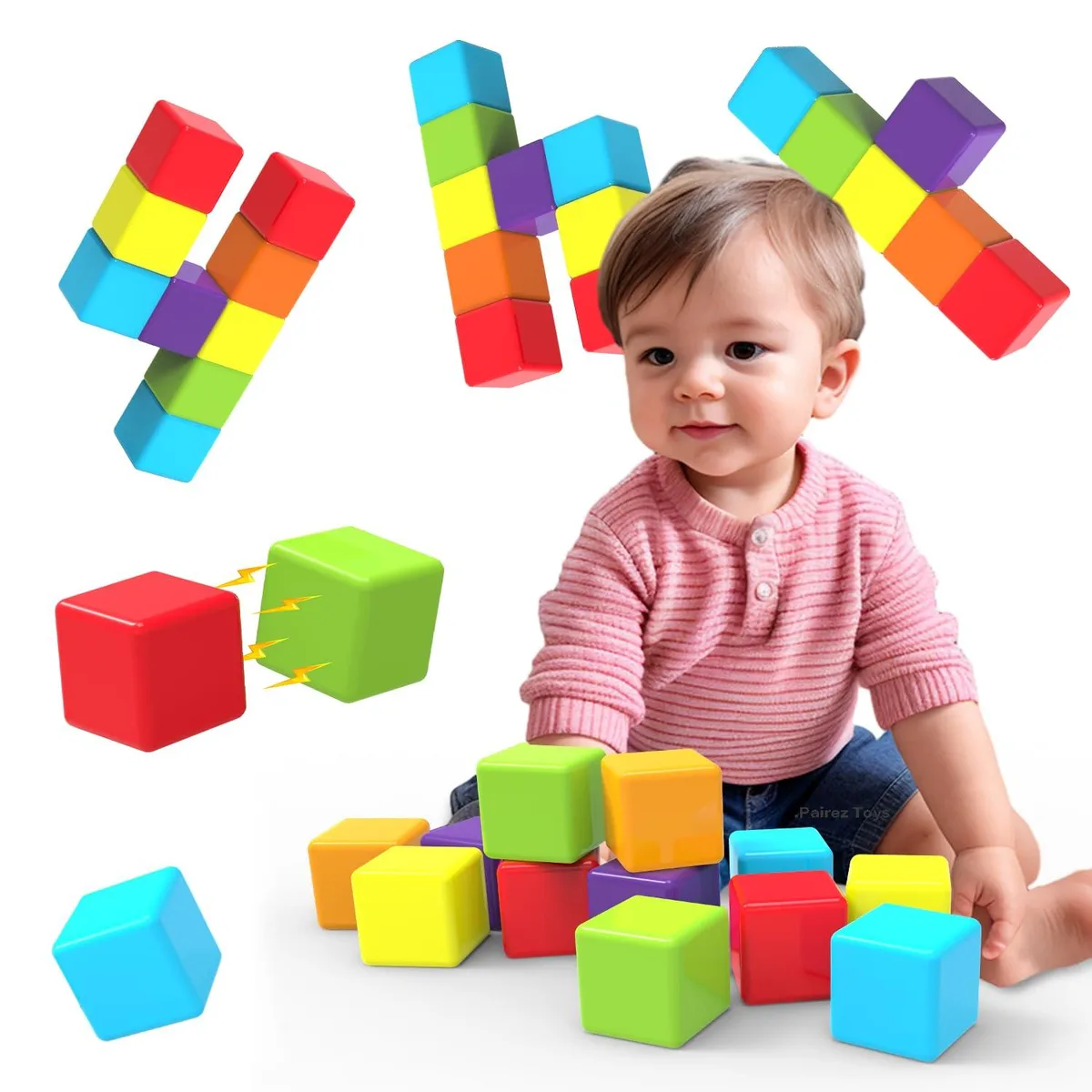 Twelve 1.65 inch magnetic plastic cubes in six colours