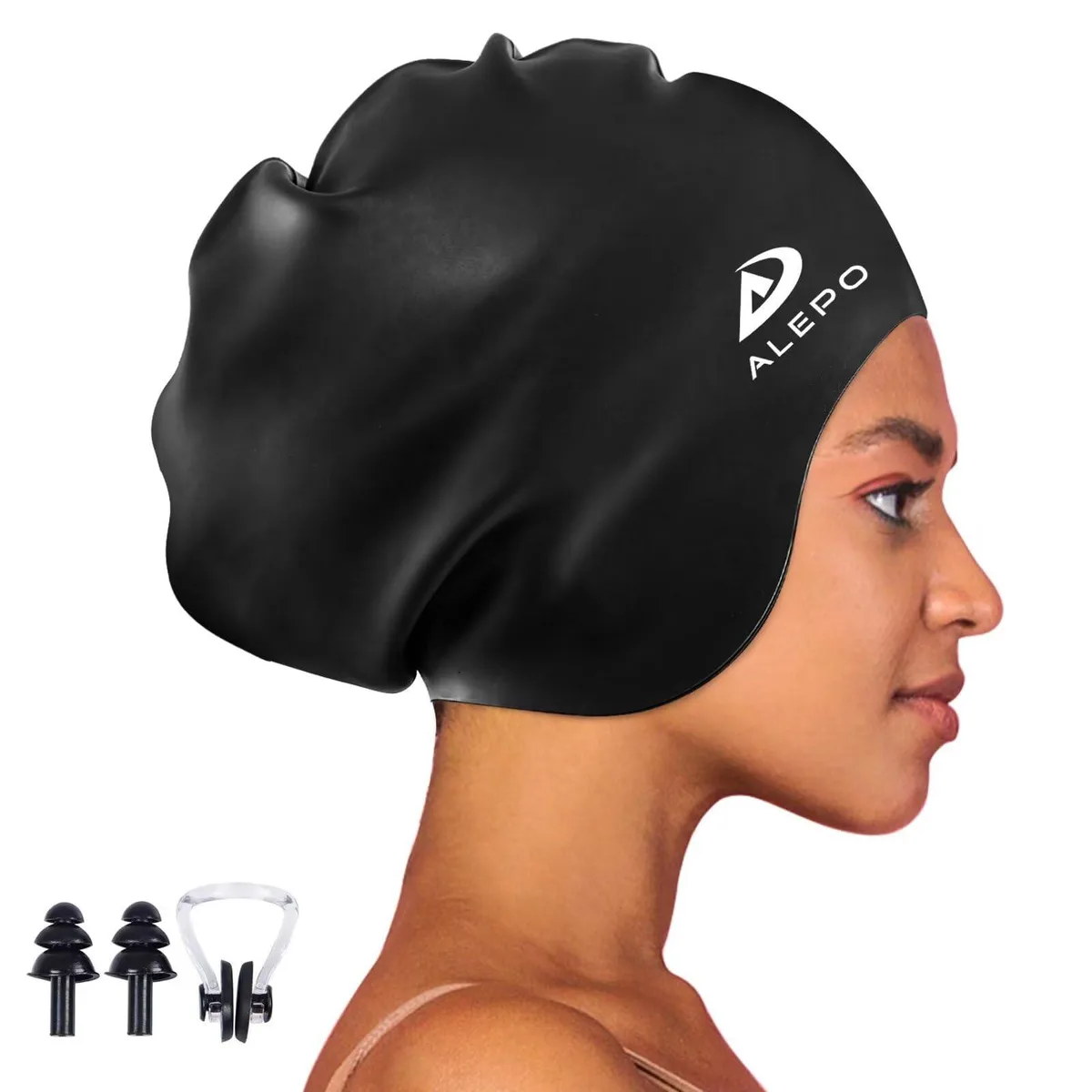 Black extra-large silicone swim cap with extended ear coverage, smooth matte finish, shown flat and unstretched