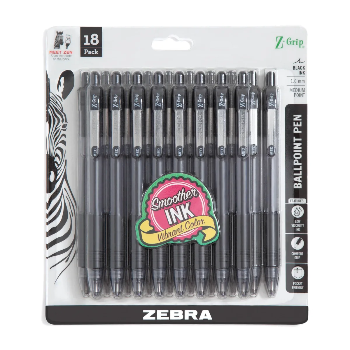 Eighteen black retractable ballpoint pens with rubberised grips and metal clips