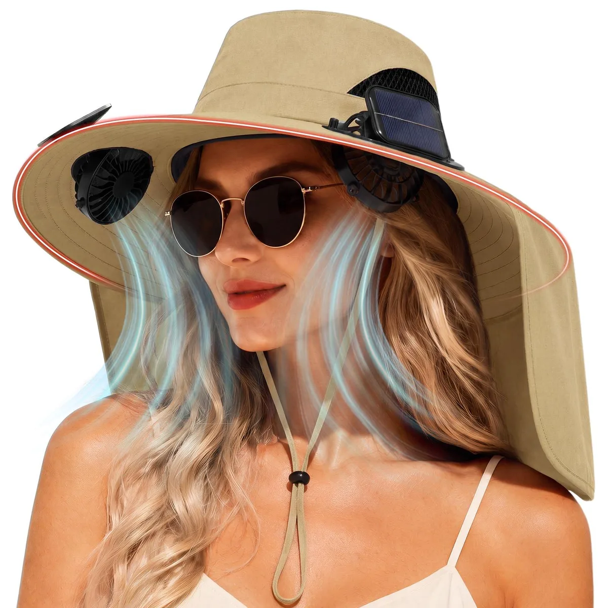 Khaki wide-brim nylon hat with dual solar fans and removable neck flap
