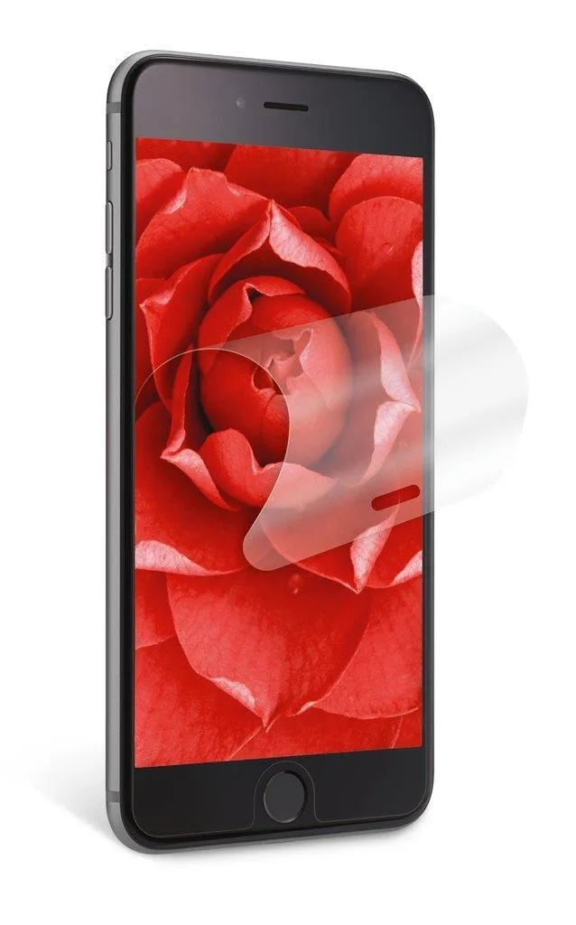 Clear rectangular screen protector film with adhesive backing