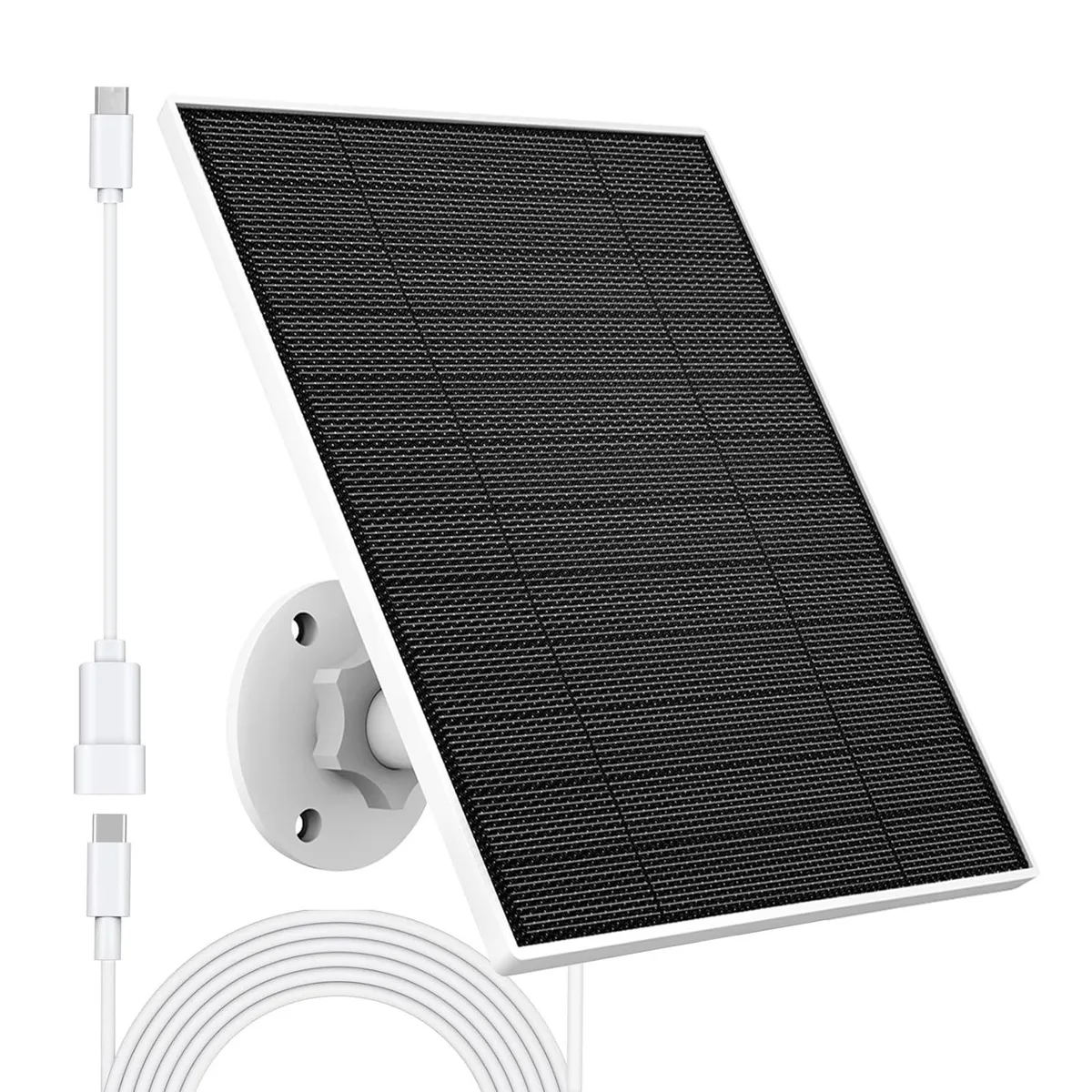 Black rectangular solar panel with adjustable wall mount and long cable