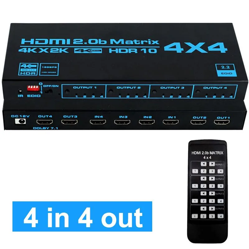 Black rectangular 4x4 HDMI matrix switch with four inputs and four outputs