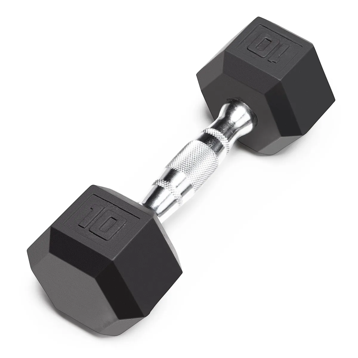 Black rubber-coated hex dumbbell with chrome knurled handle