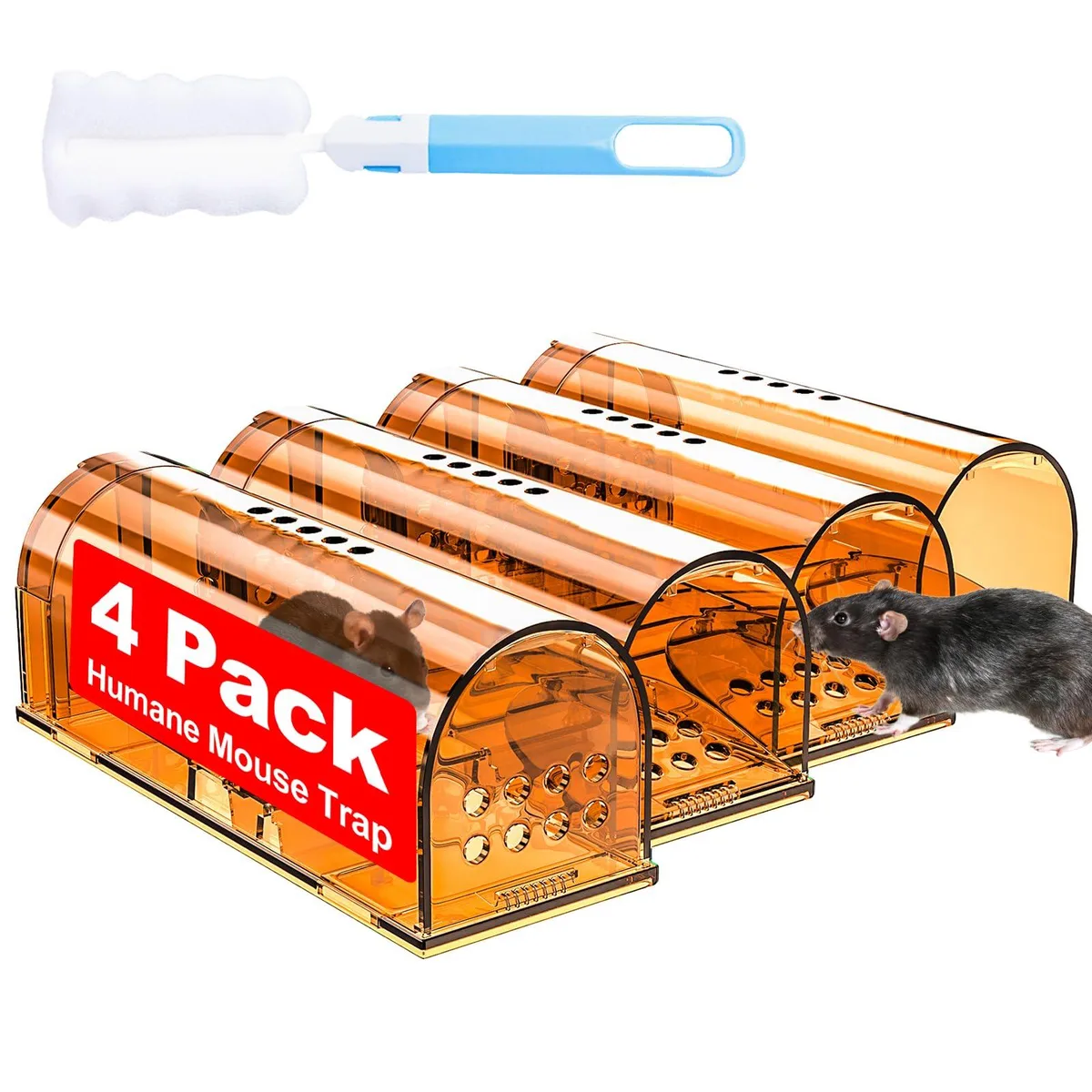 Four transparent plastic live-catch mouse traps with spring doors and cleaning brush