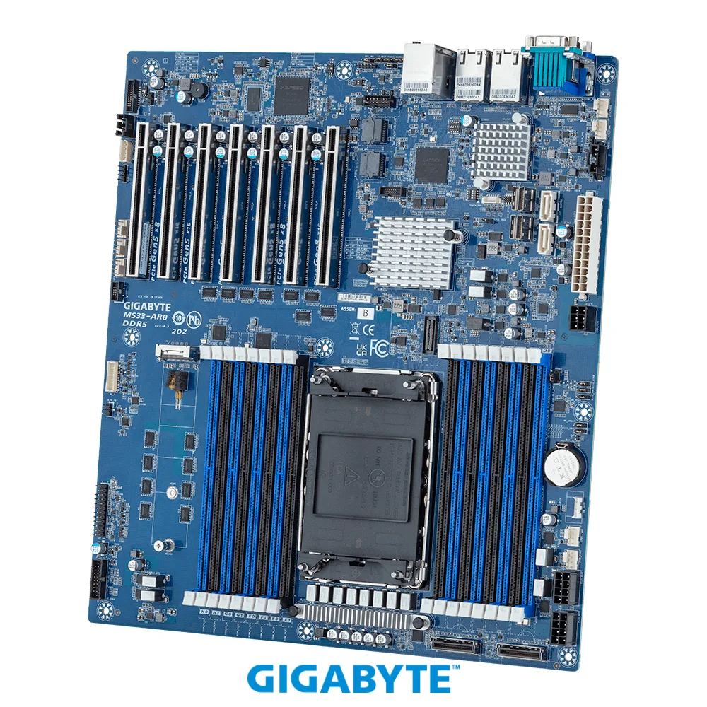 GIGABYTE GIGABYTE MS33-AR0 server motherboard, LGA 4677, 16 DDR5 slots, C741 chipset — product photo