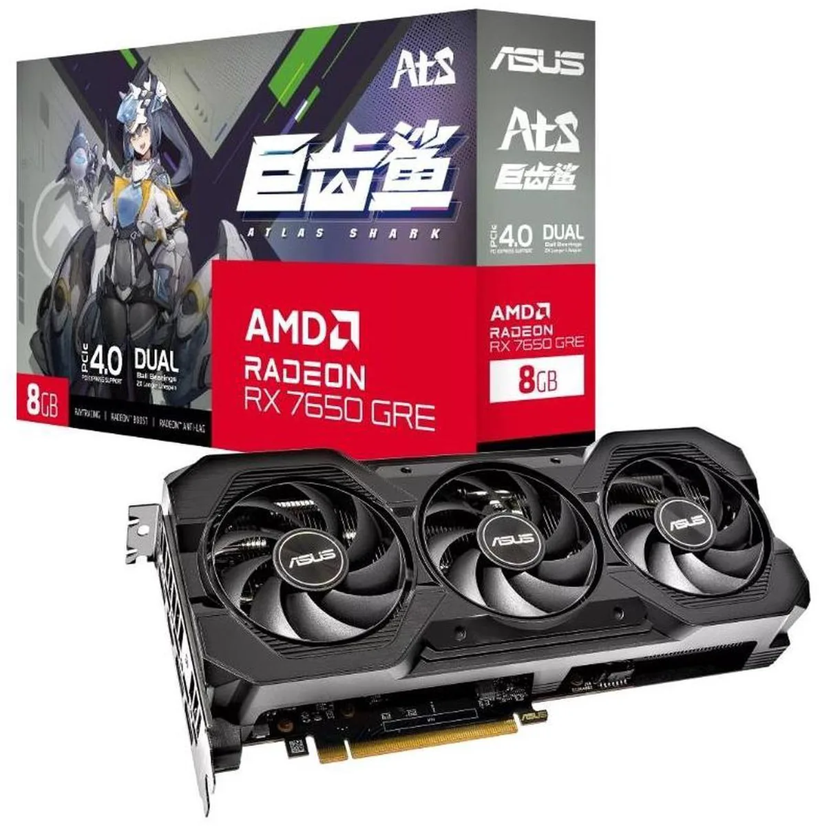 ASUS Radeon graphics card with dual axial fans and reinforced backplate