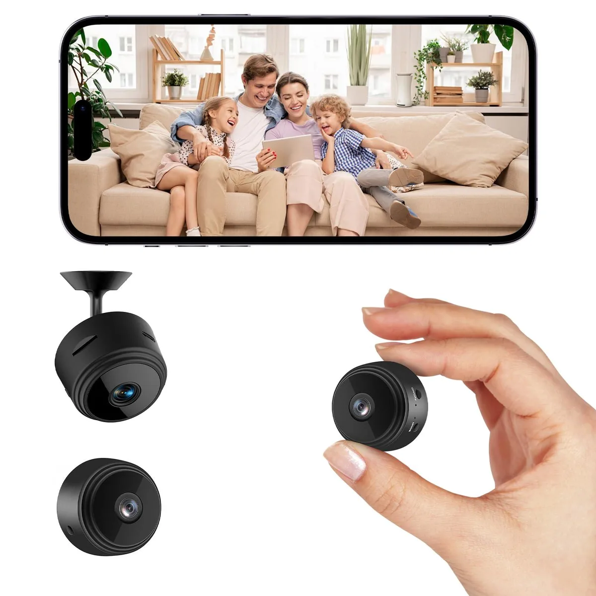 Small white indoor camera on a wall mount, USB charging cable attached