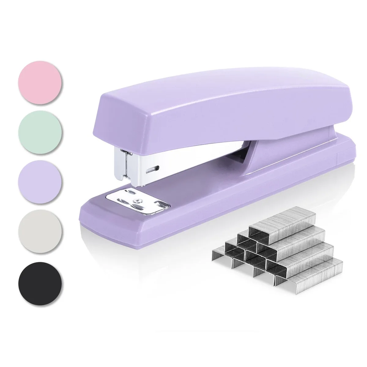 Purple desktop stapler with rubber base and 640 staples