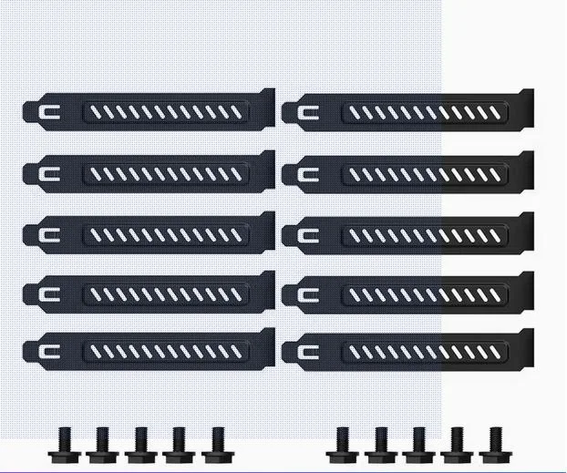 Ten black metal brackets for PCIe slot dust covers