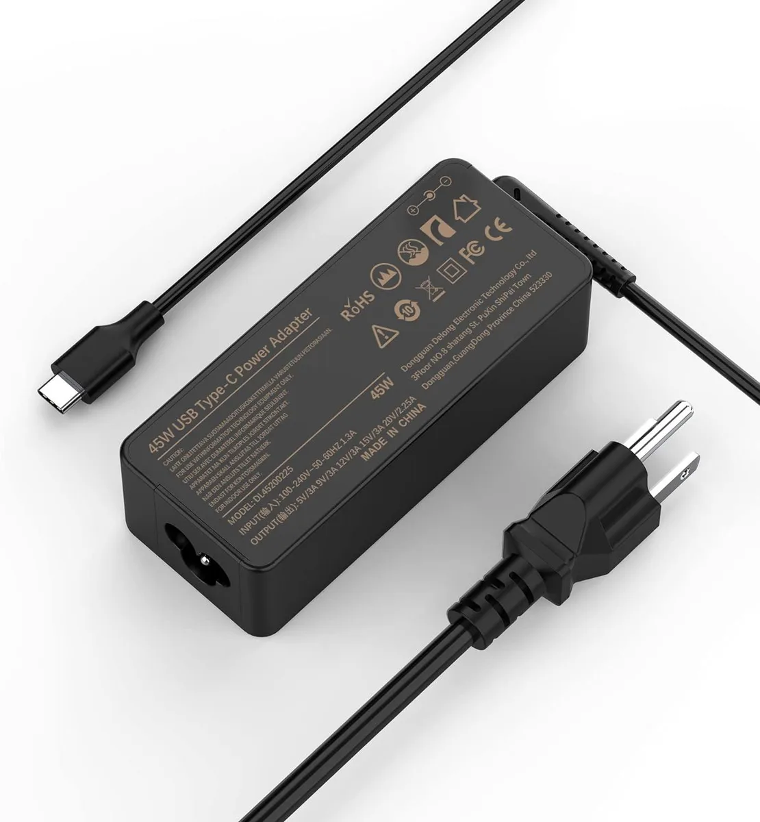 Compact black USB-C power adapter with detachable mains lead
