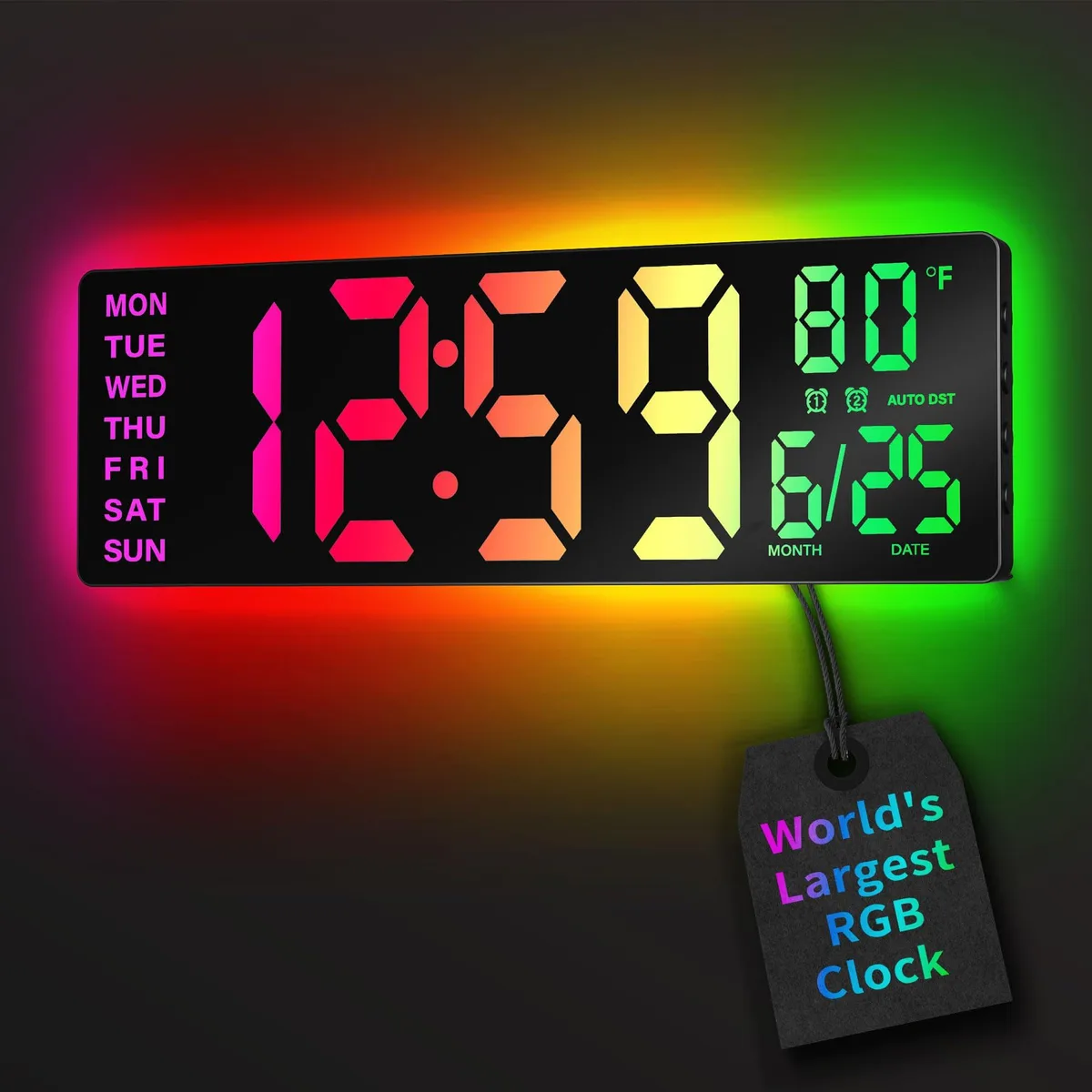 Large black rectangular LED wall clock, 16.5 inch display with RGB lighting