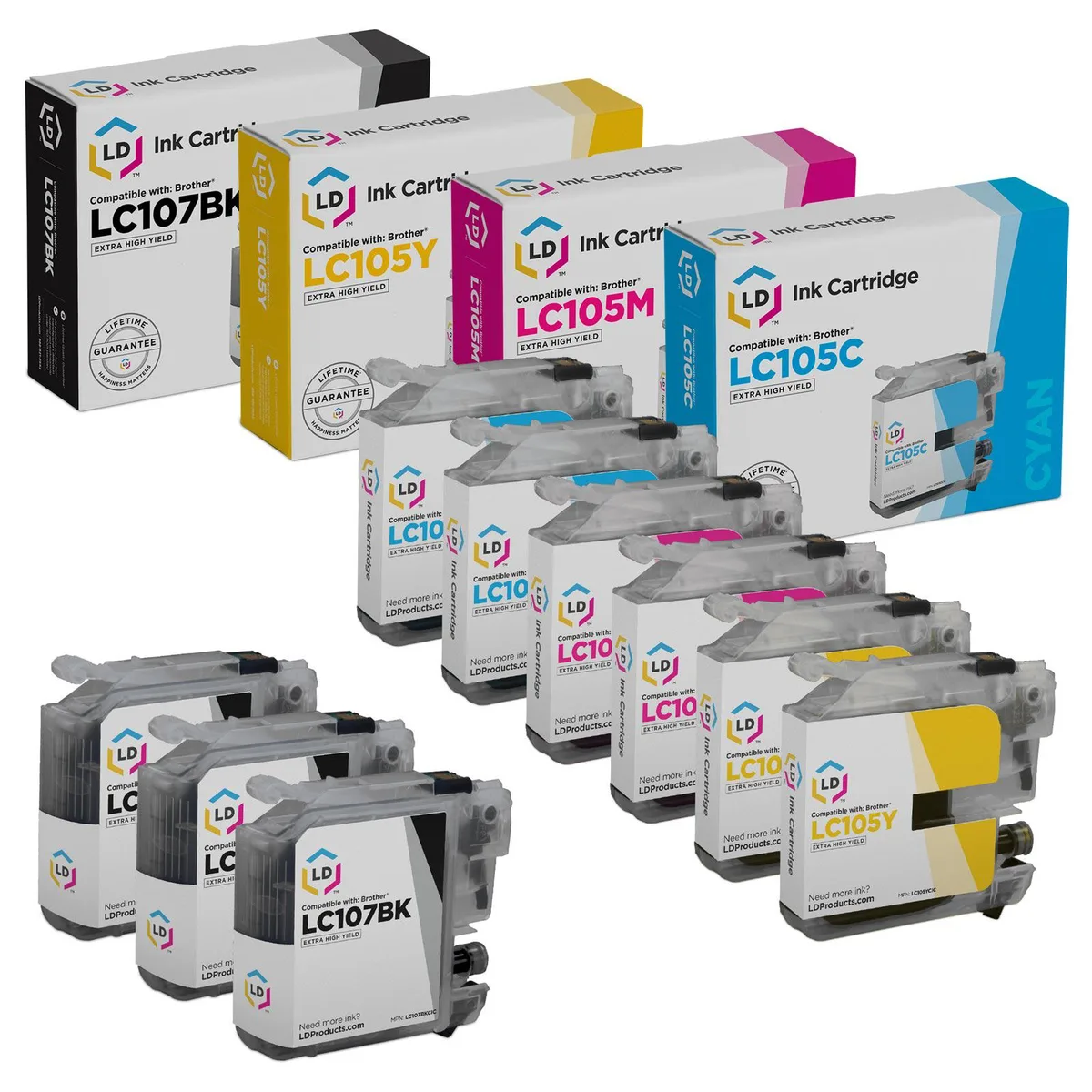 LD Products LD Products LC107 Set 9 Ink Cartridges 3 Black 2 Cyan 2 Magenta 2 Yellow — product photo