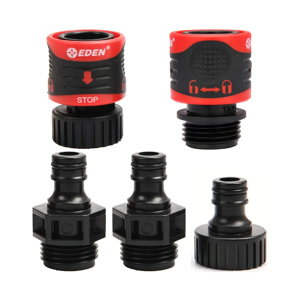 Five-piece garden hose quick-connect set with plastic snap-lock fittings and ergonomic grips