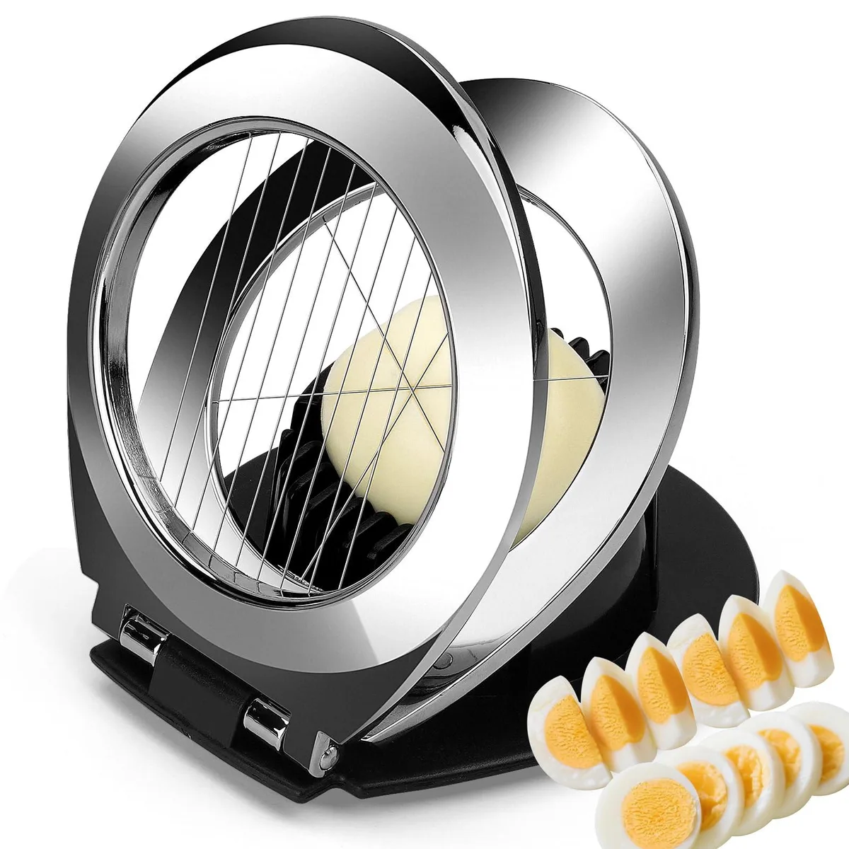 Chrome-plated zinc egg slicer with stainless-steel wires, three cutting styles, non-slip base