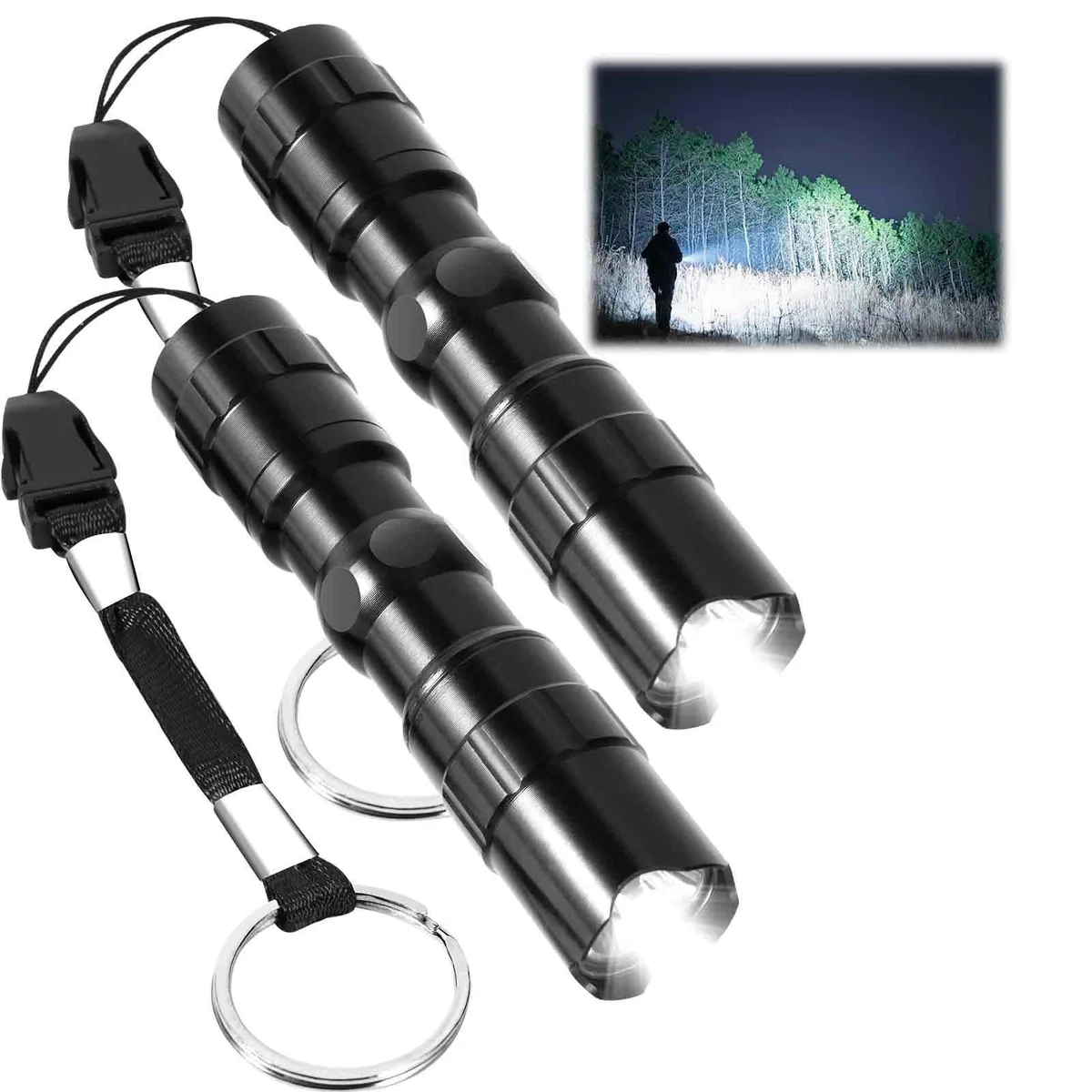 Two silver aluminium pen flashlights with black tail caps and wrist straps